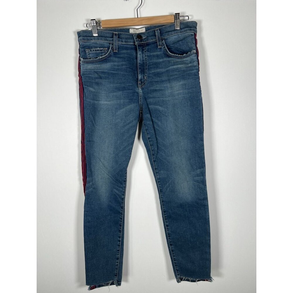 Current/Elliott The Highwaist Stiletto red grosgrain stripe raw step hem 31 USA